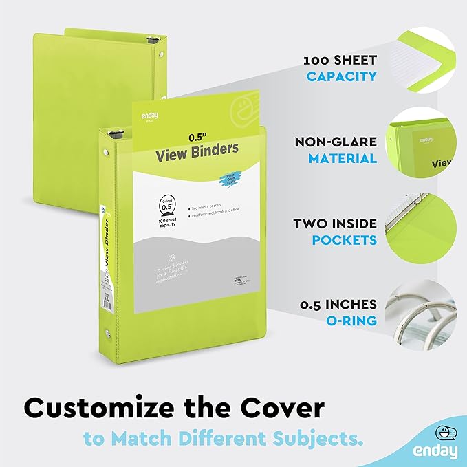 ½ Inch 3 Ring Binder, .5 Inch Round Ring Clear View Cover with 2 Inside Pockets Binders, Colored School Supplies Binders in Grey, Pink, Blue, Purple, Green and Red, Multicolor (6 PC) – by Enday