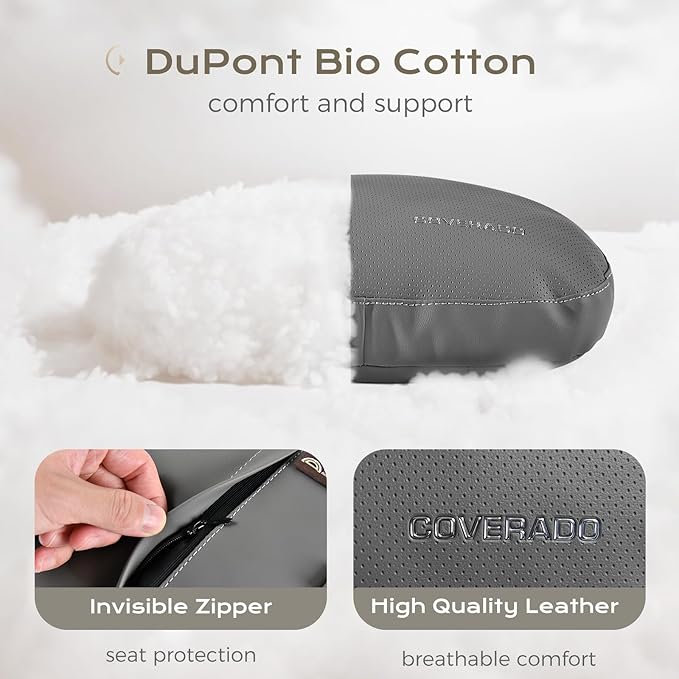 Coverado Leather Car Headrest Pillow Car Neck Pillow with Adjustable Strap, Head Support Rest Driver Relax Head Muscles Relieve Driving Fatigue, Breathable & Removable Cover, Gray