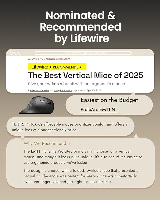 ProtoArc Ergonomic Mouse, EM11 NL Bluetooth Rechargeable Wireless Vertical Mouse, 3 Multi-Device Connectivity for Computer/PC/Laptop, 2.4GHz Optical Mice for Windows, Mac OS, Black