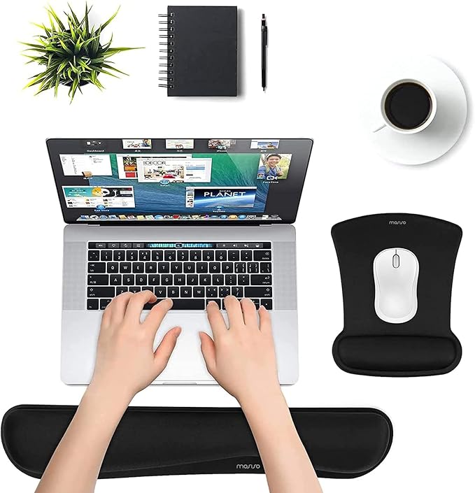 MOSISO Wrist Rest Support for Mouse Pad & Keyboard Set, Ergonomic Mousepad Non-Slip Base Home/Office Pain Relief & Easy Typing Cushion with Neoprene Cloth & Raised Memory Foam, Black