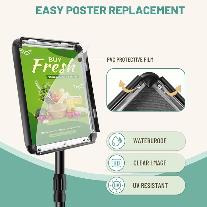 Adjustable Poster Sign Stand Holder,Heavy Duty Snap Open Aluminum Pedestal Floor Standing Sign Holder Vertical and Horizontal View Sign Displayed,Advertising Display Stand (Black, 8.5x11inches)