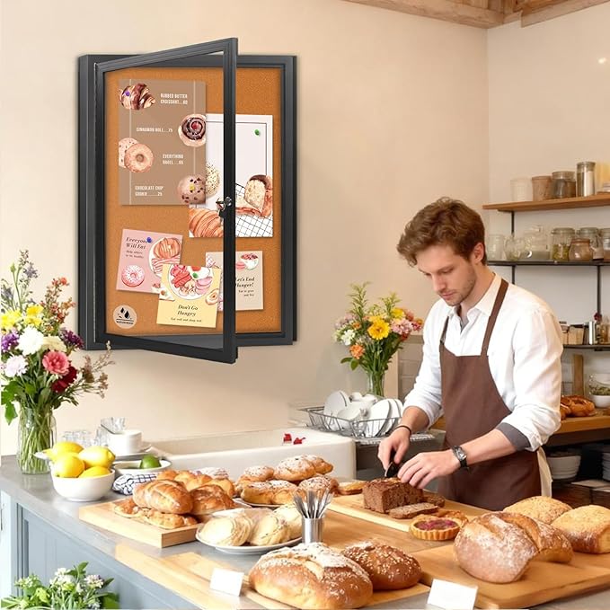 Enclosed Bulletin Board,Outdoor Weatherproof Cork Noticeboard with Locking Door, Wall-Mounted Black Aluminum Frame,Display Case Message Board for Office Home,36x24 Inch (5xA4)