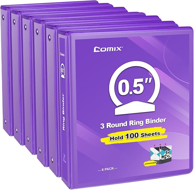 COMIX 3 Ring Binder 1/2 inch with Clear View Cover, 0.5" View Binder Holds 100 Sheets of US Letter Size Paper, 6 Pack (Purple)