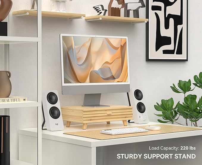 Bamboo Monitor Stand with Drawer - Desk Organizer with Cable Management & Storage, Ergonomic Laptop Riser for Home Office (220lbs Capacity, 15.7 inch ,Natural)