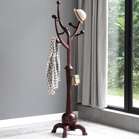 Coat Rack Freestanding Wood Tree Rack with 8 Hooks, Creative Design Tree Branch-look, Coat Tree Clothes Hanger Stand with Stable Sphere Base for Entryway, Hallway, Bedroom (Wine Red)