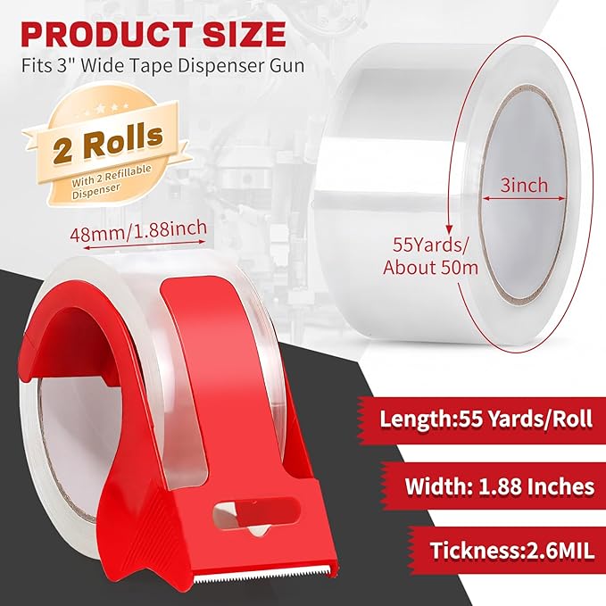 CenYouful Clear Heavy Duty Packing Tape with Dispenser, 2 Rolls Strong & Durable Shipping Tape, 1.88 Inches x 55 Yards Packaging Tape, for Packing Boxes, Moving Supplies, Shipping and Mailing