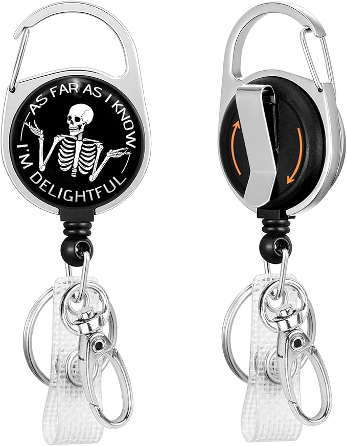 As Far As I Know I'm Delightful Badge Reel Retractable Heavy Duty with 360°Swivel Carabiner Clip,Skeleton ID Badge Holder Retractable, Nurse Teacher ID Card Holder Keychain Name Badge Clip