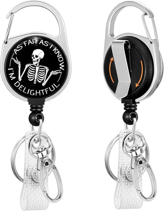 As Far As I Know I'm Delightful Badge Reel Retractable Heavy Duty with 360°Swivel Carabiner Clip,Skeleton ID Badge Holder Retractable, Nurse Teacher ID Card Holder Keychain Name Badge Clip