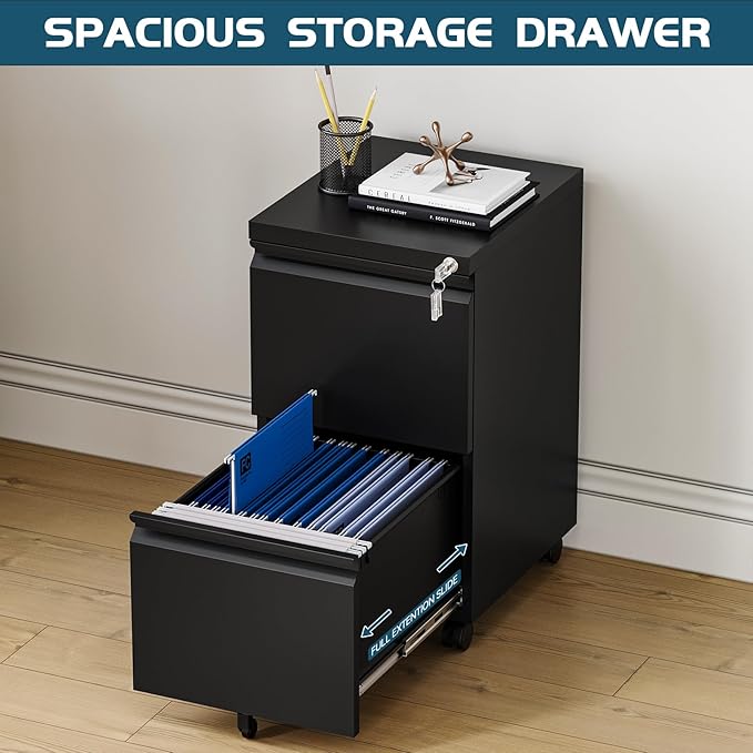 MIIIKO 2 Drawer File Cabinet on Wheels, Home Office Mobile Under Desk with Lock, Vertical Files Drawers for Legal/Letter/A4,Fully Assembled