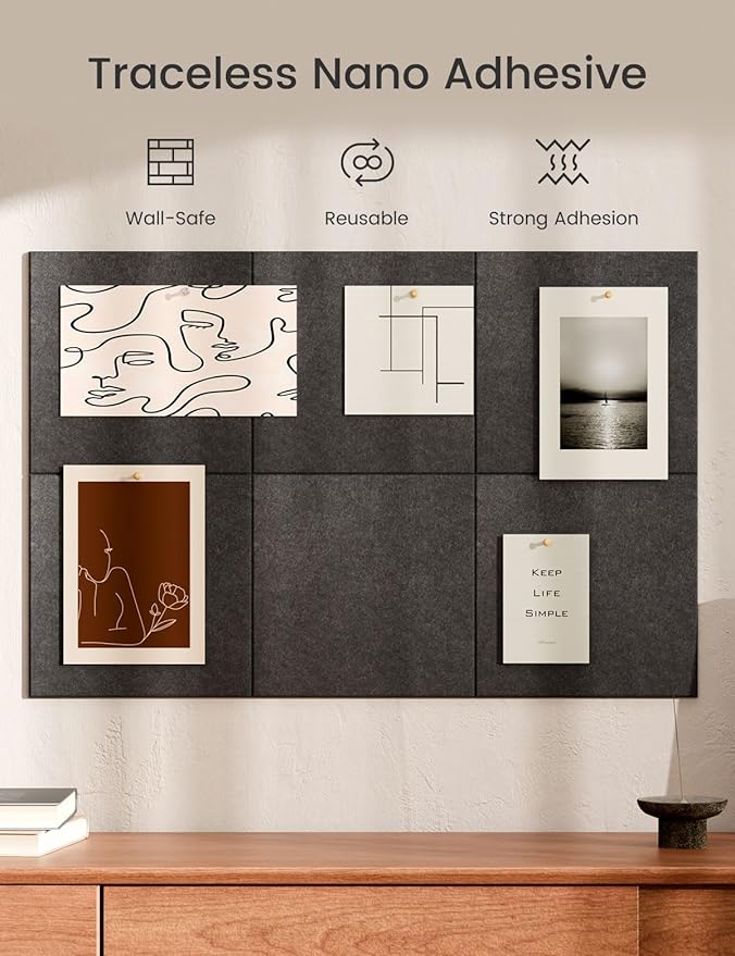 Bumusty Large Cork Board 36"x24" Alternative - 6 Pack Felt Wall Tiles with 40 Safe Removable Adhesive Tabs, 30 Pushpins, Cork Boards for Walls Pin Board Bulletin Board Office Decor (Charcoal Gray)