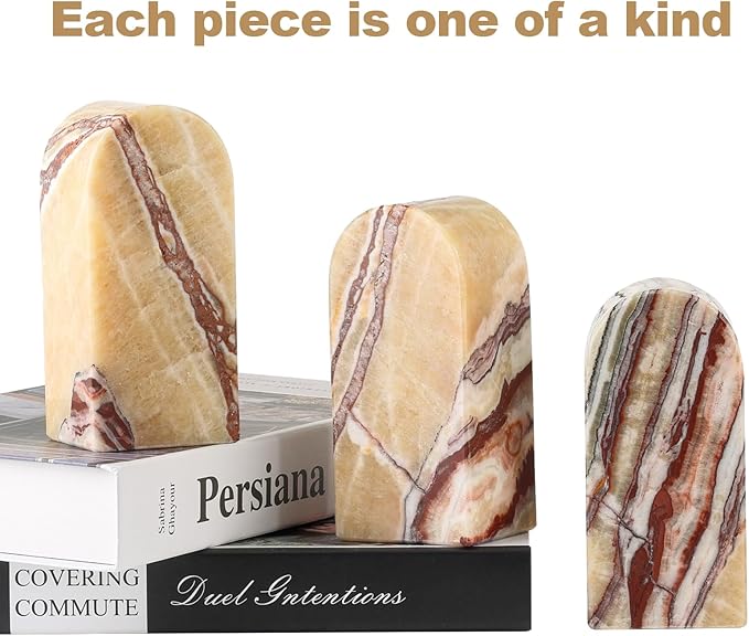 Koville Mexican Natural Marble Bookends for Shelves, Decorative Book Ends, 7lbs Heavy-Duty Marble Book Holders, Bookshelf Apartment Decor for Normal Books/CD/Video Games(Mexico Onyx)