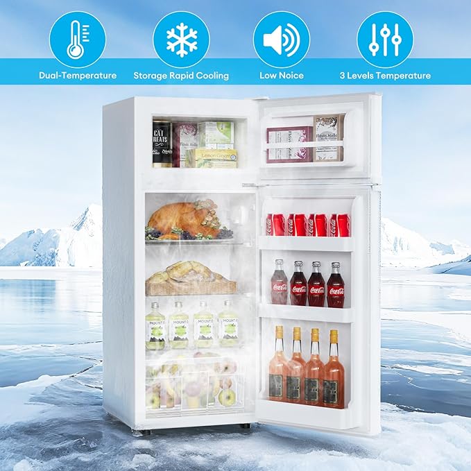 TABU 4.5 Cu.Ft Refrigerator with Top Freezer, Compact Double Door Fridge with Adjustable Thermostat & Removable Shelves, for Home, Office and Apartment, White