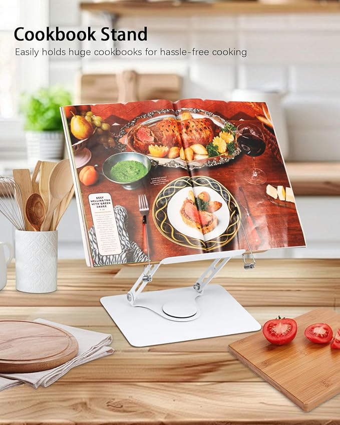 Honagu Book Stand for Reading, Adjustable Book Holder with 360 Degree Rotating Base & Page Clips, Hands Free Foldable Desktop Cookbook Stand for Sheet Music, Laptop, Recipe, Textbook (Yellow Wood)