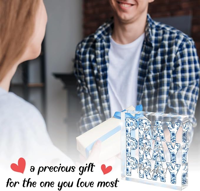 Blue and White Inspirational Decor, Desk Decorations for Office, Ideal Christian Gifts for Women - Pray On It,Pray Over It - Bible Verse Desk Art, Dorm Room Decor for Women,(Blue and White)