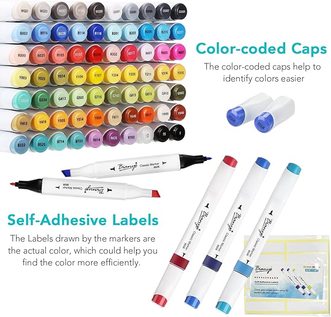 Bianyo 72 Colors Alcohol Markers Set, Dual Tip Art Markers with Bullet & Chisel Tips, Black Case with Customizable Card – Ideal for Coloring, Drawing, and Sketching as Thanksgiving & Christmas Gifts