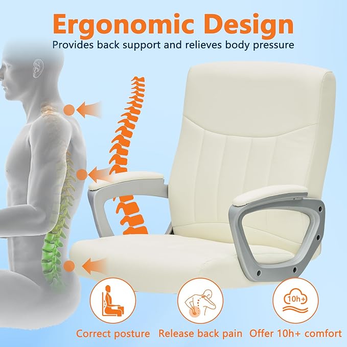CLATINA Office Computer Desk Chair Executive Mid Back Ergonomic Managerial Chair with Lumbar Support Comfortable Adjustable PU Leather Home Office Chair Swivel, White 8PK