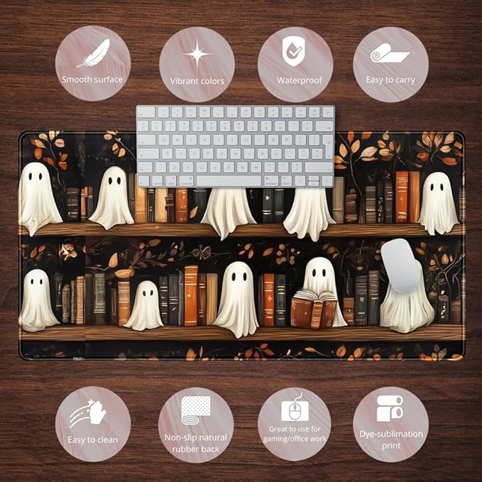 Cute Ghost Desk Mat Bookish Desk Pad XXL Mouse Keyboard Pad, Dark Academia Desk Pad Medieval Flower XXL Mousepad Extended Laptop Computer Keyboard Mat with Stitched Edges Funny Deskpad 31.5x15.7 in