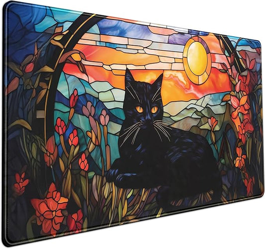Black Cat Desk Mat Vintage Sunset Desk Mouse Keyboard Pad, XXL Large Mouse Pad Laptop Desk Mousepad with Stitched Edges, Keyboard Pad Mouse Mat for Work Game Office Desk Accessories 31.5x15.7 in