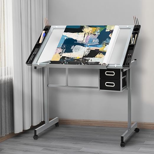 MoNiBloom Drafting Table on Wheels with Storage & Side Tray - Adjustable 0-65° Glass Tabletop, Replaceable Feet Art Desk