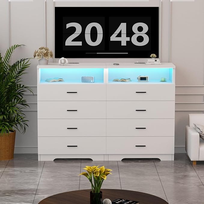 Dresser with Power Outlets and LED Lights Wooden 4 Drawer Dresser with Large Organizer Tall White Drawer for Bedroom Modern Chest of Drawers Closet for Living Room Kids Room