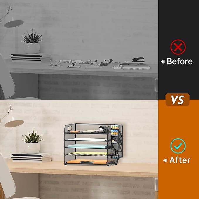 SUPEASY 2 Pack 5 Tier Desk Organizer with Handle & Removable Pen Holders, Mesh Paper/File Organizer for Desk Office Supplies,Black