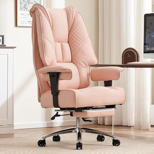 Big and Tall Office Chair 400lbs Wide Seat, Leather High Back Executive Office Chair with Foot Rest, Ergonomic Chairs Lumbar Support for Lower Back Pain Relief (Light Pink)