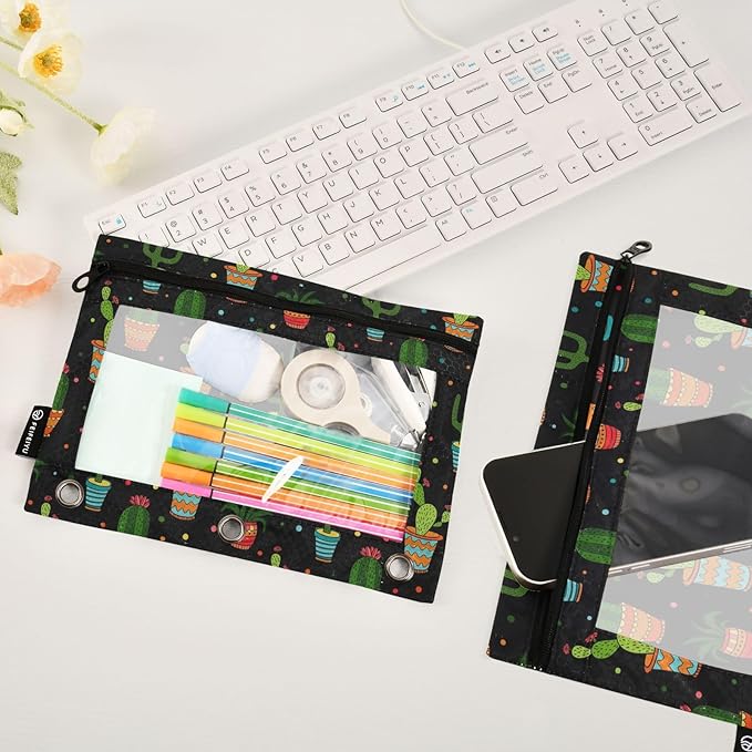 ZAZYXTJ Cactus Binder Pencil Pouchs 3 Ring with Zipper Clear Window Office Organizers bag for School Students Teacher Supplies 2 Pack