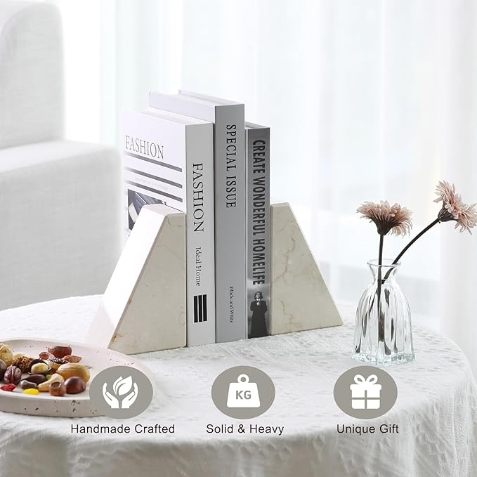 Koville Marble Bookends for Shelves, Large Bookends for Heavy Books, Non-Slip Heavy Duty Book Stopper for CD/Movies, Aesthetic Decorative Bookends for Shelves Table Home Decor(Beige)