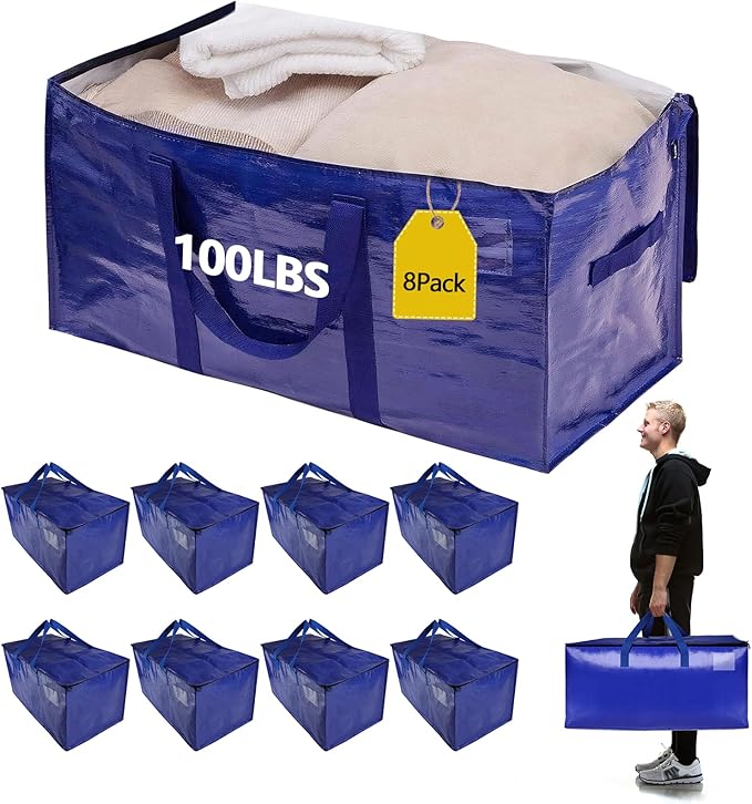 8 Pack Real 100lb Capacity Heavy Duty Moving Bags with Strong Zippers and Reinforced Handles, Extra Large Storage Totes for Packing & Moving Storing, Space Saving Alternative to Moving Boxes-95L,Blue