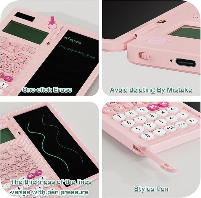 Rechargeable ROATEE 991ES MAX Scientific Calculators, CalcNote Multiview 4-Line Display with LCD Writing Tablet Notepad, Foldable Portable for Business High School College Students and Teacher(Pink)
