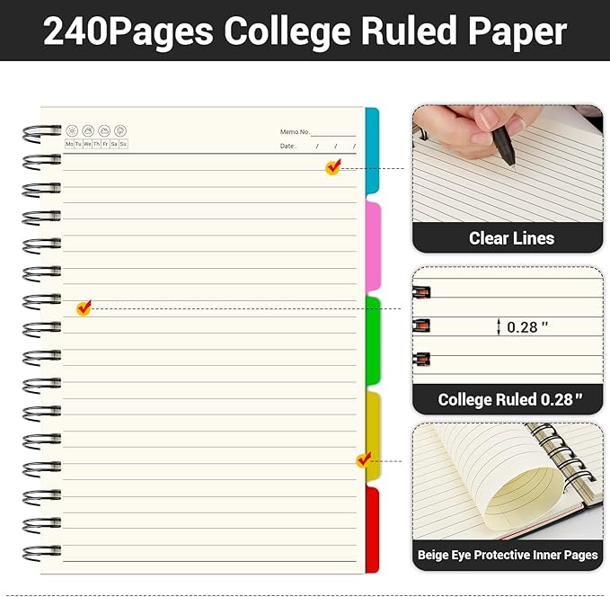 EUSOAR 5 Subject Spiral Notebook, 1pcs B5 7.3"x10.2" College Ruled Hardcover Writing Pads with 100GSM Lined Paper, 120Sheets/ 240Pages, for Note Taking School Business Work Writing Diary, Black