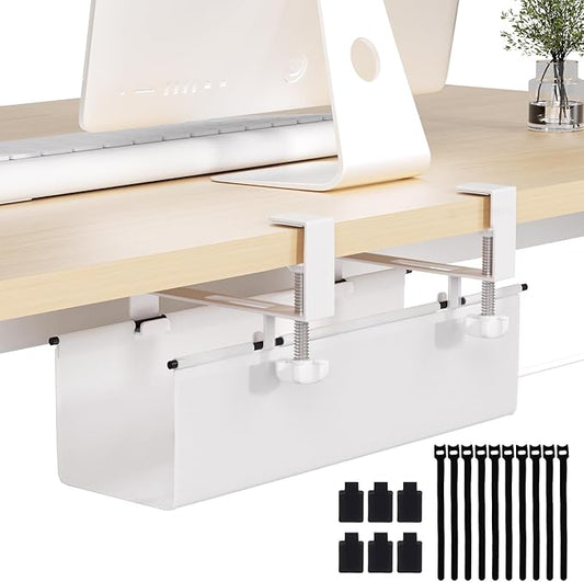 Under Desk Cable Management Tray 15.7" - No Drill Computer Wire Organizer Cable Tray, Cord Hider Clamp Mount with 16X Cable Ties PC Cables Management Cord Holder for Office/Home (Upgrade Fabric,White)