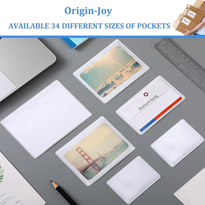 Origin-Joy 25 PCS Self-Adhesive Index Label Pockets, Clear Plastic Peel & Stick Card Holders with Top Open for Loading (2 x 2.25 inch)