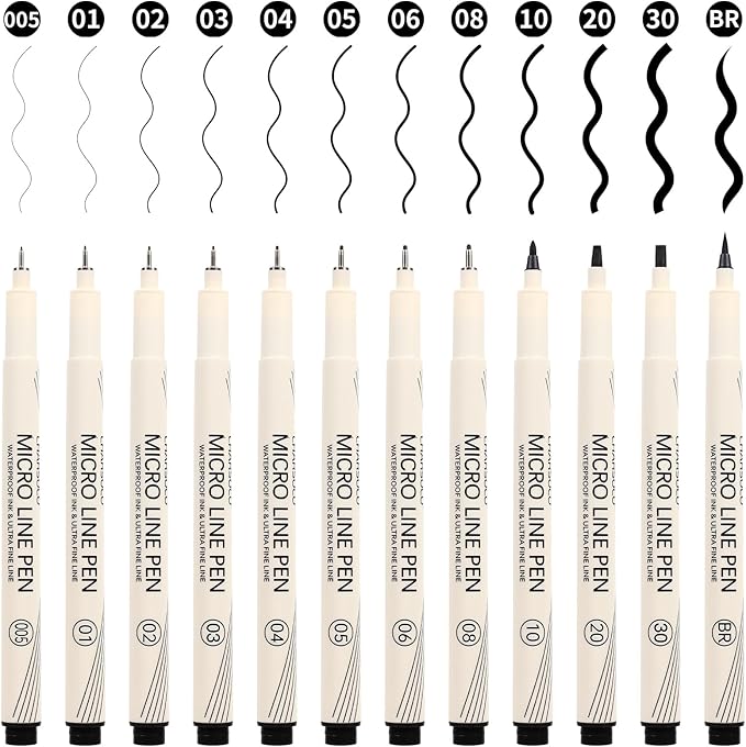 Black Micro Pens Set - 12 Sizes (0.23mm to 5mm), Waterproof Archival Ink, Fine Point Pens for Artists, Illustrators, Sketching, Anime, Manga & Technical Drawing