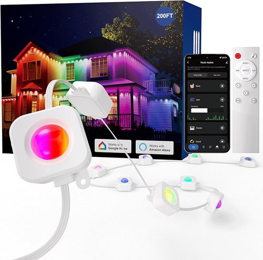 HUTAKUZE Permanent Outdoor Lights, 200ft RGB Outdoor Christmas Lights with 120 LED Light, IP67 Waterproof LED Eaves Light, DIY Scene Modes for Halloween and Party Decor, Smart APP & Remote Control