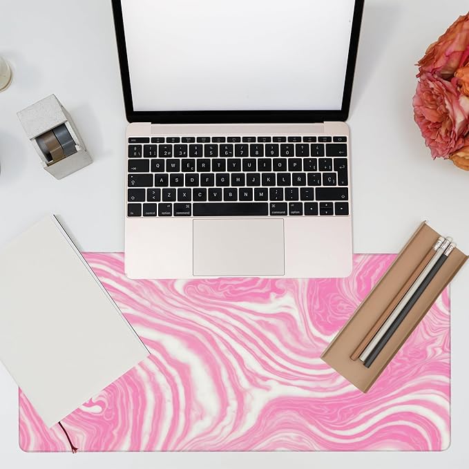 Desk Pad,Pink Marble Swirls Texture Desk Mat,Flow Liquid Waves Large Gaming Mouse Pad for Desk,Extended Big Computer Keyboard Mouse Pad with Non-Slip Base and Stitched Edge,35.4"x15.7"