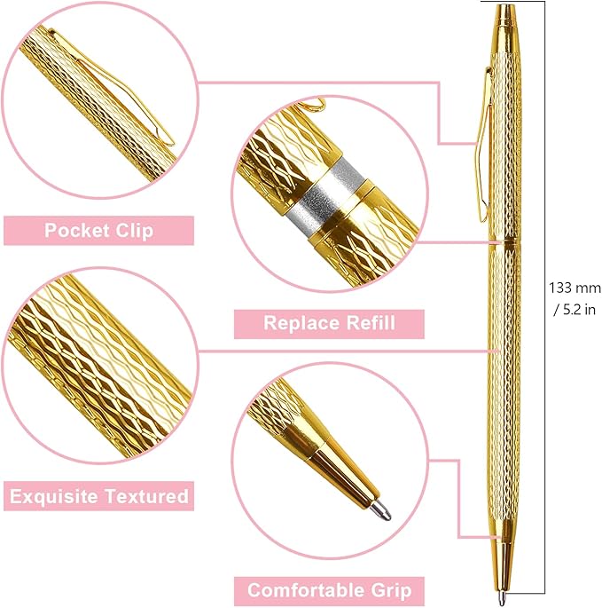 3 Pack Slim Metallic Retractable Ballpoint Pens Black Ink, Nice Gift for Business Office Students Teachers Wedding Christmas (Gold)