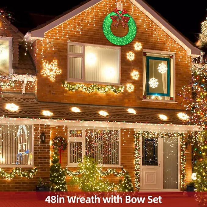 Hykolity 48 in. 3D Lighted Outdoor Christmas Wreath with 140 LED Lights & Red Bow, Christmas Holiday Yard Decoration for Garden, Porch - Green