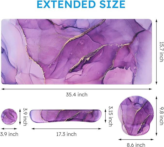 iCasso Purple Ergonomic Large Mouse Pad with Wrist Support, 4in1 XXL Desk Mat Set- Keyboard Wrist Rest + Mouse Wrist Rest + Coaster, Marble Style Desk Pad Mousepad