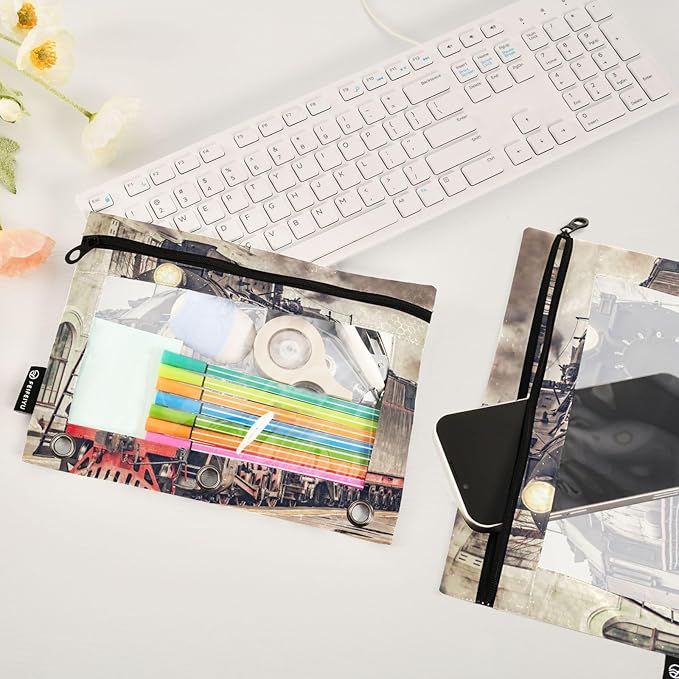 ZAZYXTJ Personalized Vintage Train Binder Pencil Pouchs 3 Ring with Zipper Clear Window Office Organizers bag for School Students Teacher Supplies 2 Pack