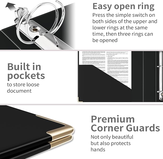 Ospelelf 3 Ring Binder, 1.5 Inch, Cute Letter Size (11" x 8.5") with 5 Tab Dividers, File Folder Labels and Low Profile Clipboards, Black Binder for School and Office Supplies