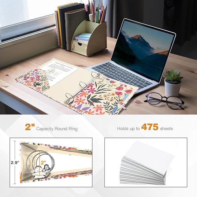 Ospelelf 3 Ring Binder, 2 Inch Letter Size (11" x 8.5") with 5 Tab Dividers, File Folder Labels and Low Profile Clipboards, Floral Binder for School and Office Supplies