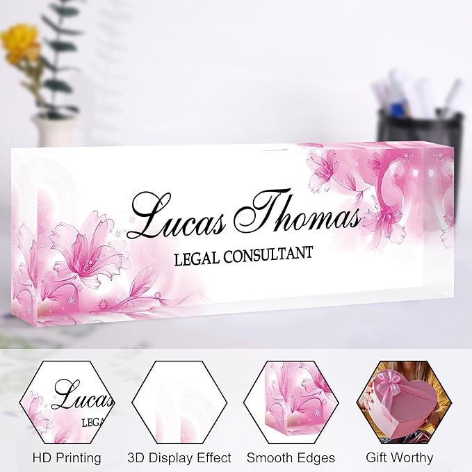 Custom Name Plate for Desk, Personalized Acrylic Office Name Sign with Name & Title, Elegant Desk Decor for Women Men, Employee Appreciation Gift (Pink-1)