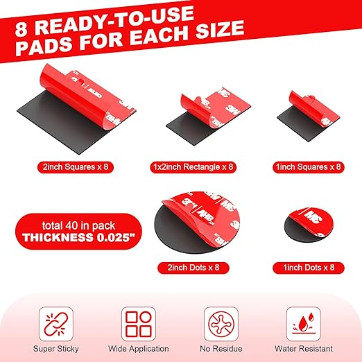 3M Double Sided Tape Heavy Duty 40PCS VHB Adhesive Pads 1“ and 2” Squares Dots Rectangles Pack Strong Waterproof Mounting Tape for Dashboard Dash Cam Windshield Suction Cup Phone Holders Black