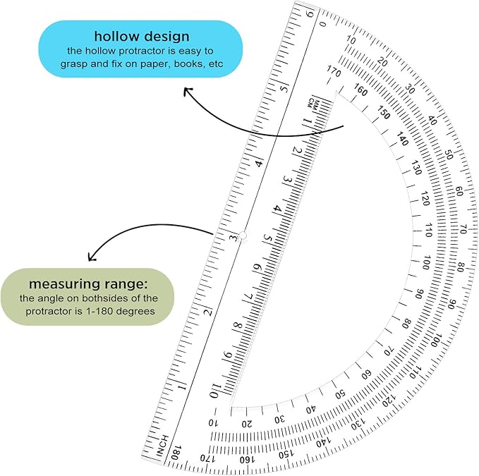 Zonon 24 Pieces Plastic Protractors Bulk Classroom Clear Math Protractors 180 Degrees 6 Inch for Geometry Student, Angle Measurement, Students Back to School Supplies Office Supplies