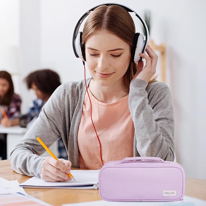 MAMUNU Pencil Case Large Capacity with 3 Compartments, Pencil Case Pouch Bag with Zipper Handle Portable Pen Stationery Organizer for Teen Girls Adults College School Office Travel, Purple