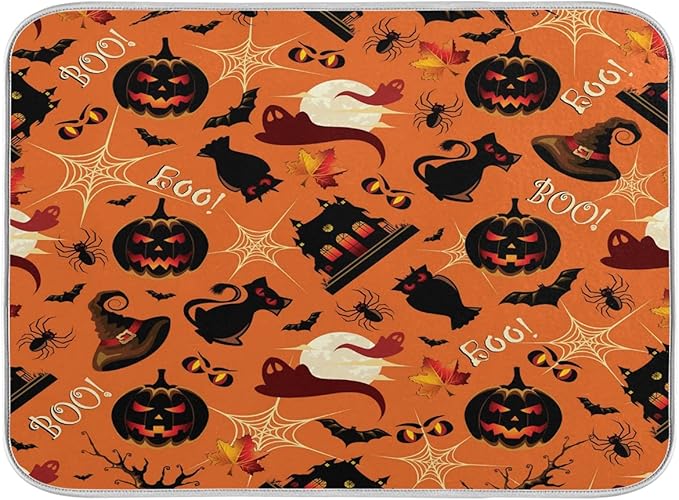 Happy Halloween Pumpkins Spooky Dish Drying Mat for Kitchen Counter 16 x 18 Inch Spider Web Cat Absorbent Microfiber Dry Dishes Mats Drainer Mat Dish Drying Pad for Countertops Decor