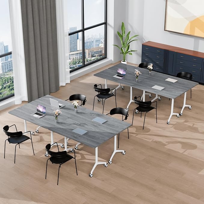 Folding Conference Table, Modern Large Conference Room Tables with Flip-Top Design, Foldable Conference Table Meeting Table with Wheels, Mobile Seminar Training Tables for Office Classroom (4, Oak)