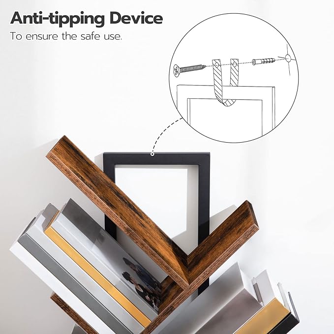 HOOBRO Tree Bookshelf, 9-Tier Bookcase Wooden Shelves, Floor Standing Storage Rack, for Display of CDs, Books in Living Room, Home Office, Wood Storage Rack for Bedroom, Rustic Brown BF08SJ01G1