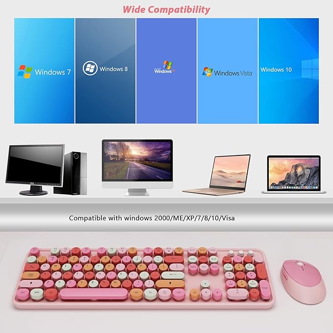 Cute Pink Wireless Keyboard and Mouse, 2.4G Retro Round Keycap for PC, Mac, Laptop, Tablet, Computer Windows